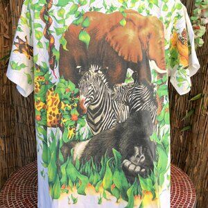90's Vintage 1992 JUNGLE Elephant Zebra All Over Print T Shirt XL Wild Oats Tag